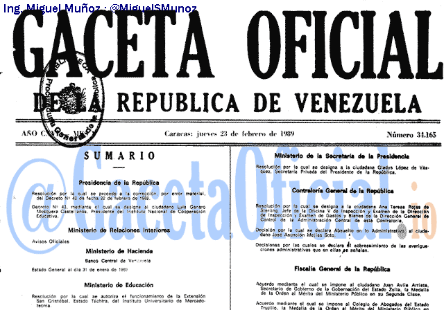 Gaceta Oficial 34165 del 23 Febrero 1989