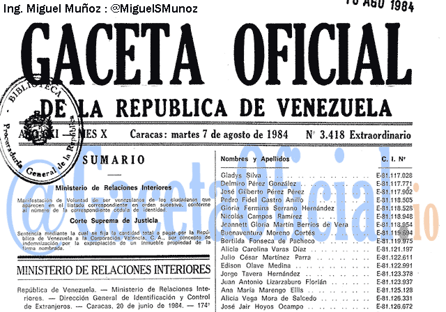 Gaceta Oficial 3418 del 7 Agosto 1984