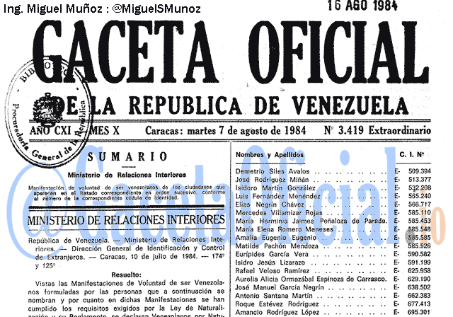 Gaceta Oficial 3419 del 7 Agosto 1984