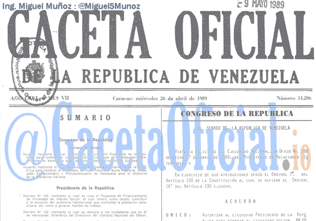 Gaceta Oficial 34206 del 26 Abril 1989