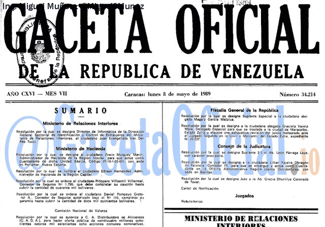 Gaceta Oficial 34214 del 8 Mayo 1989