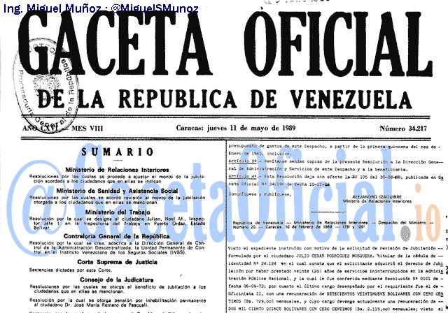 Gaceta Oficial 34217 del 11 Mayo 1989