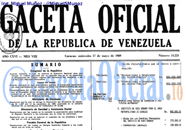 Gaceta Oficial 34221 del 17 Mayo 1989