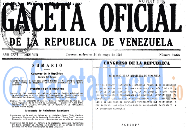 Gaceta Oficial 34226 del 24 Mayo 1989