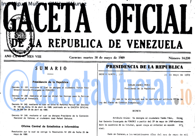 Gaceta Oficial 34230 del 30 Mayo 1989