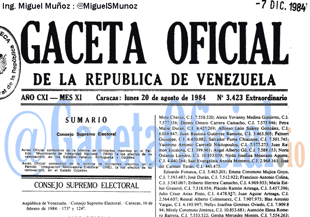 Gaceta Oficial 3423 del 20 Agosto 1984