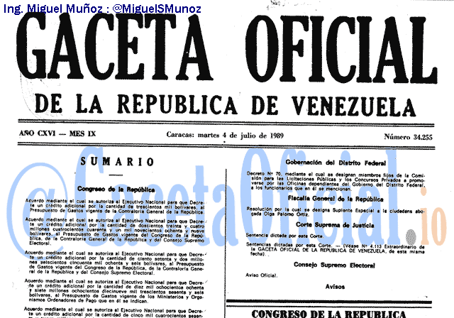 Gaceta Oficial 34255 del 4 Julio 1989