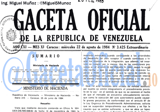 Gaceta Oficial 3425 del 22 Agosto 1984