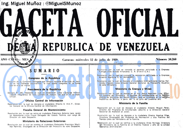Gaceta Oficial 34260 del 12 Julio 1989