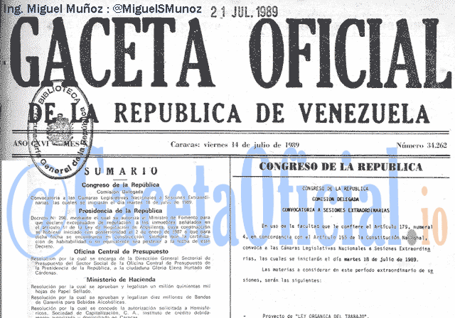Gaceta Oficial 34262 del 14 Julio 1989