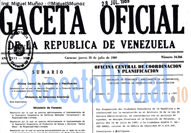 Gaceta Oficial 34266 del 20 Julio 1989