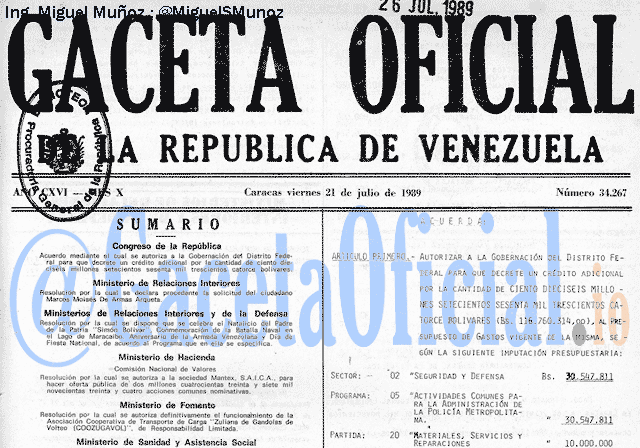 Gaceta Oficial 34267 del 21 Julio 1989