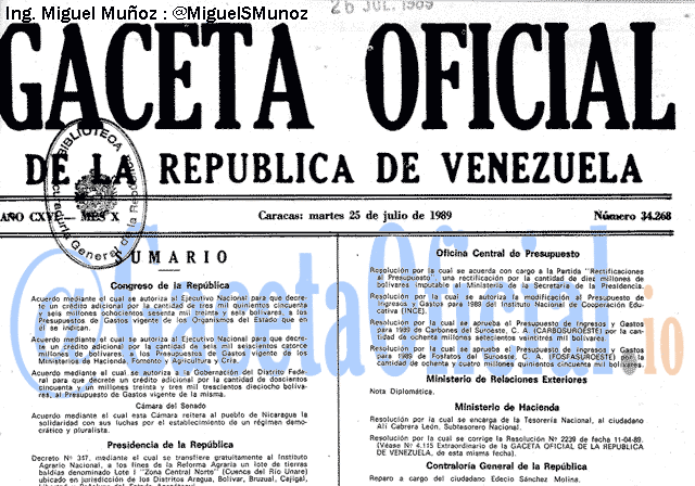 Gaceta Oficial 34268 del 25 Julio 1989