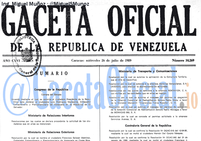 Gaceta Oficial 34269 del 26 Julio 1989