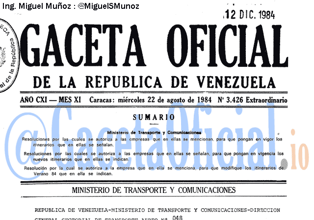 Gaceta Oficial 3426 del 22 Agosto 1984