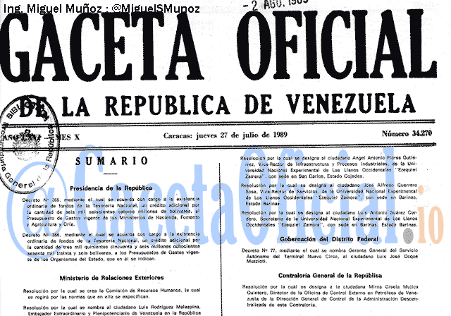 Gaceta Oficial 34270 del 27 Julio 1989