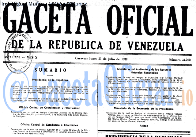 Gaceta Oficial 34272 del 31 Julio 1989