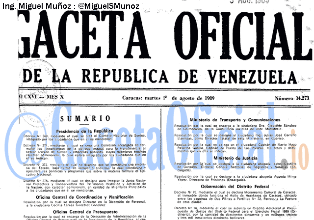 Gaceta Oficial 34273 del 1 Agosto 1989