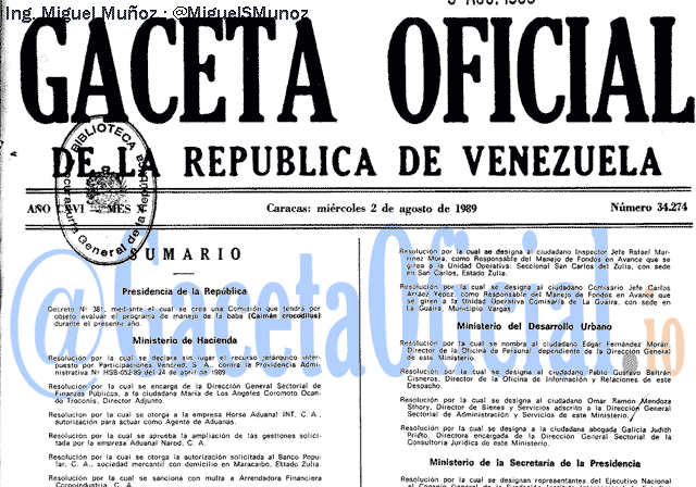 Gaceta Oficial 34274 del 2 Agosto 1989