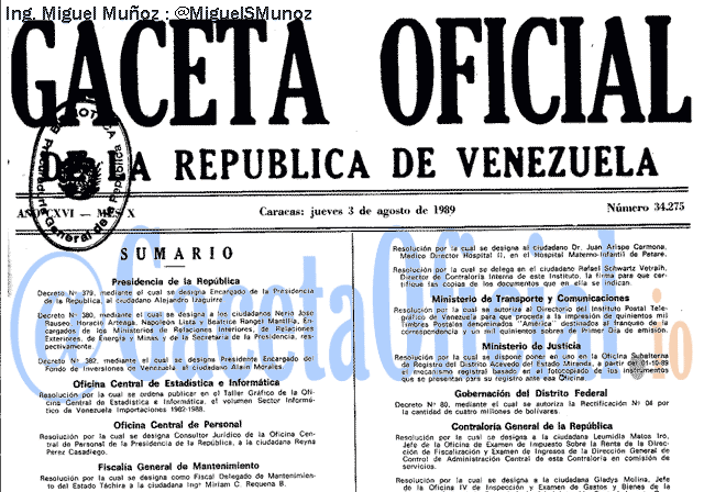 Gaceta Oficial 34275 del 3 Agosto 1989