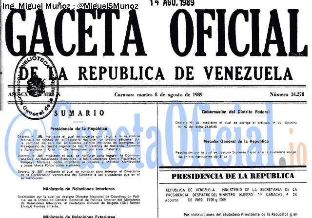 Gaceta Oficial 34278 del 8 Agosto 1989