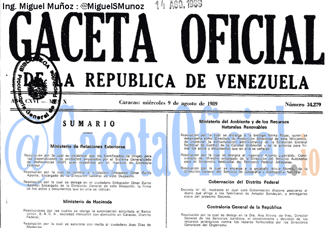 Gaceta Oficial 34279 del 9 Agosto 1989