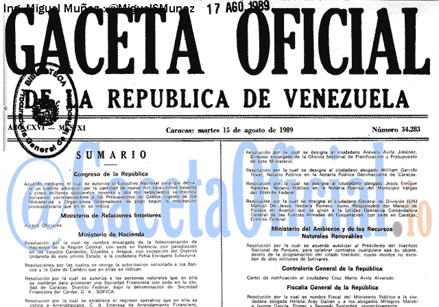 Gaceta Oficial 34283 del 15 Agosto 1989