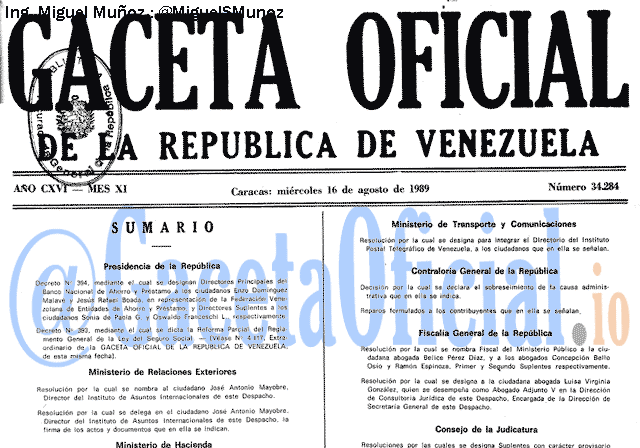 Gaceta Oficial 34284 del 16 Agosto 1989