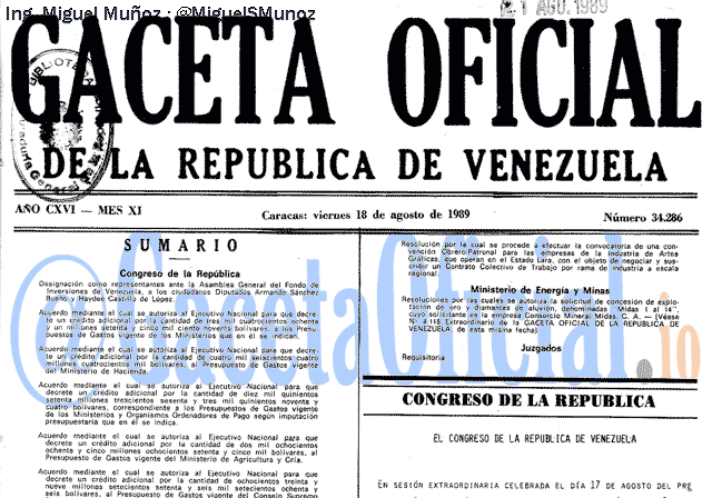 Gaceta Oficial 34286 del 18 Agosto 1989