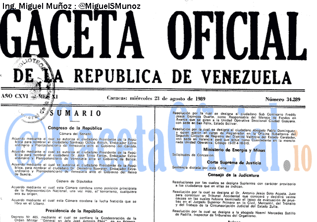 Gaceta Oficial 34289 del 23 Agosto 1989