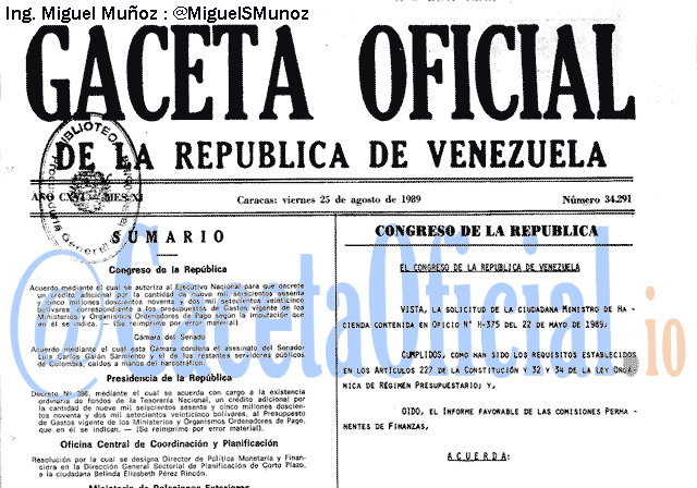 Gaceta Oficial 34291 del 25 Agosto 1989