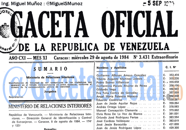 Gaceta Oficial 3431 del 29 Agosto 1984