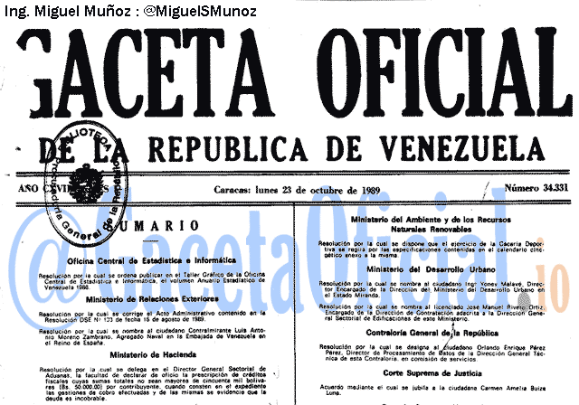 Gaceta Oficial 34331 del 23 Octubre 1989