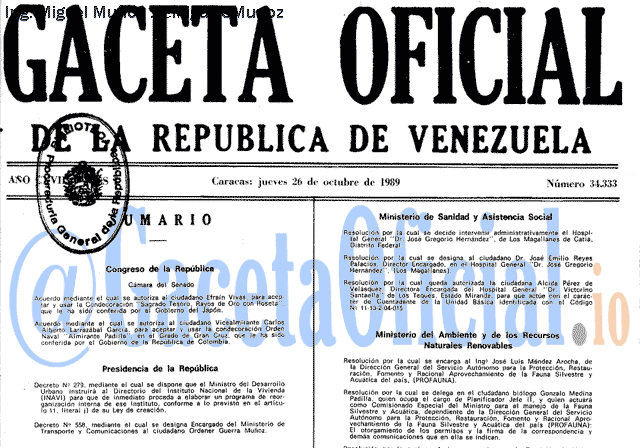 Gaceta Oficial 34333 del 26 Octubre 1989