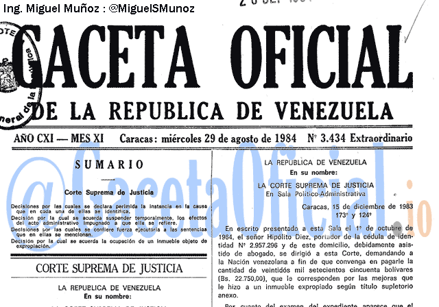 Gaceta Oficial 3434 del 29 Agosto 1984