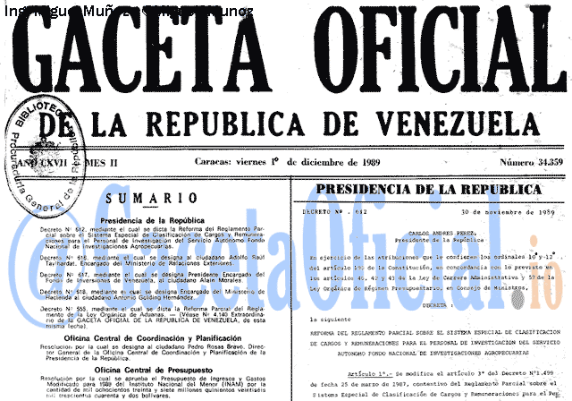 Gaceta Oficial 34359 del 1 Diciembre 1989