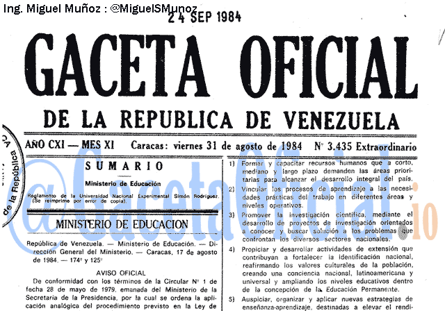 Gaceta Oficial 3435 del 31 Agosto 1984