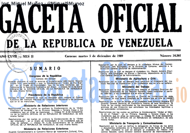 Gaceta Oficial 34361 del 5 Diciembre 1989