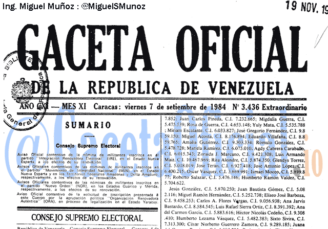 Gaceta Oficial 3436 del 7 Septiembre 1984