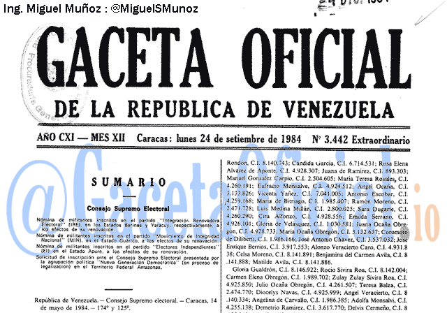 Gaceta Oficial 3442 del 24 Septiembre 1984