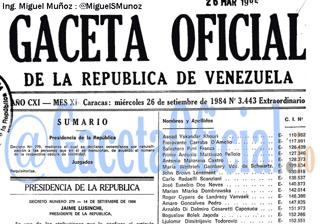 Gaceta Oficial 3443 del 26 Septiembre 1984