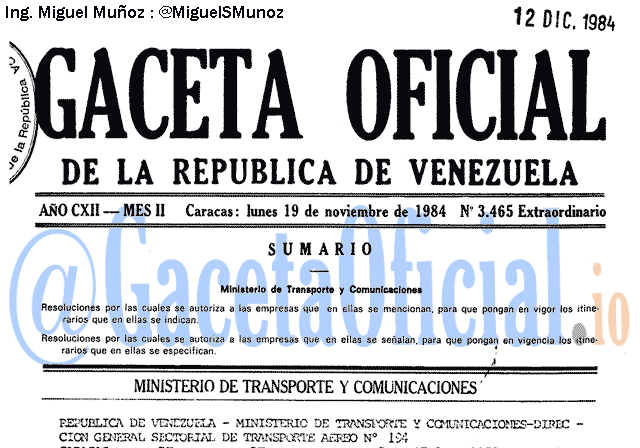 Gaceta Oficial 3465 del 19 Noviembre 1984