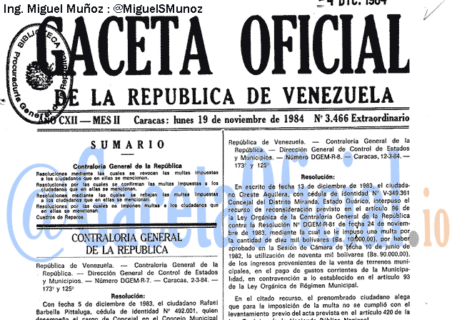 Gaceta Oficial 3466 del 19 Noviembre 1984