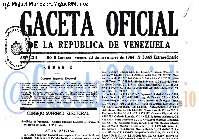 Gaceta Oficial 3469 del 23 Noviembre 1984