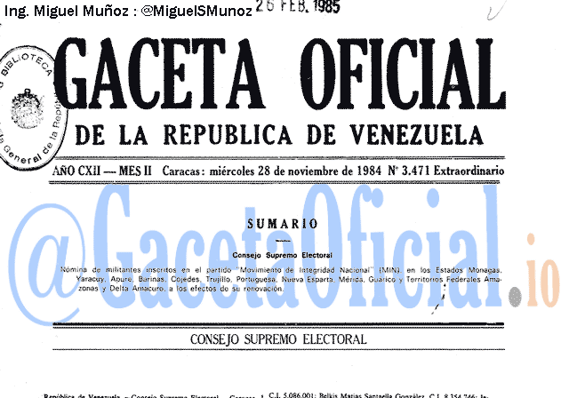 Gaceta Oficial 3471 del 28 Noviembre 1984