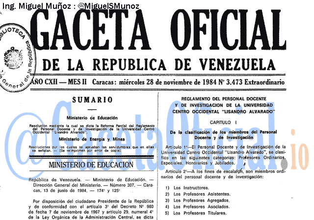 Gaceta Oficial 3473 del 28 Noviembre 1984