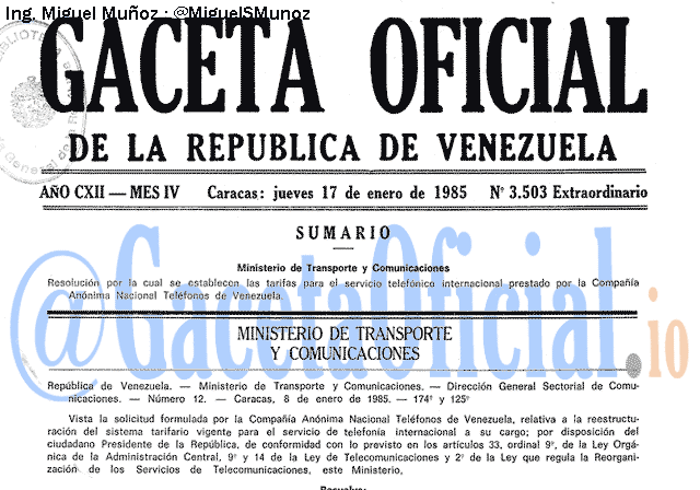 Gaceta Oficial 3503 del 17 Enero 1985