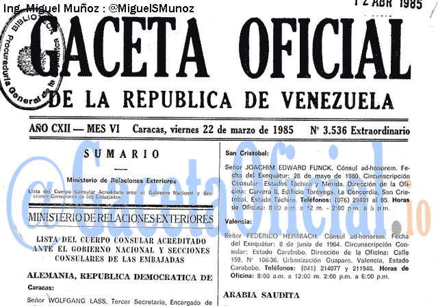Gaceta Oficial 3536 del 22 Marzo 1985