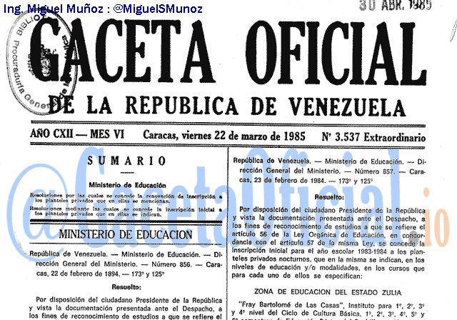 Gaceta Oficial 3537 del 22 Marzo 1985