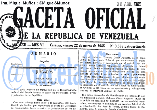 Gaceta Oficial 3538 del 22 Marzo 1985